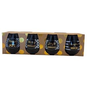 Kirklands Set of 4 Stemless Wine Glasses Christmas Holiday Phrases Black Gold